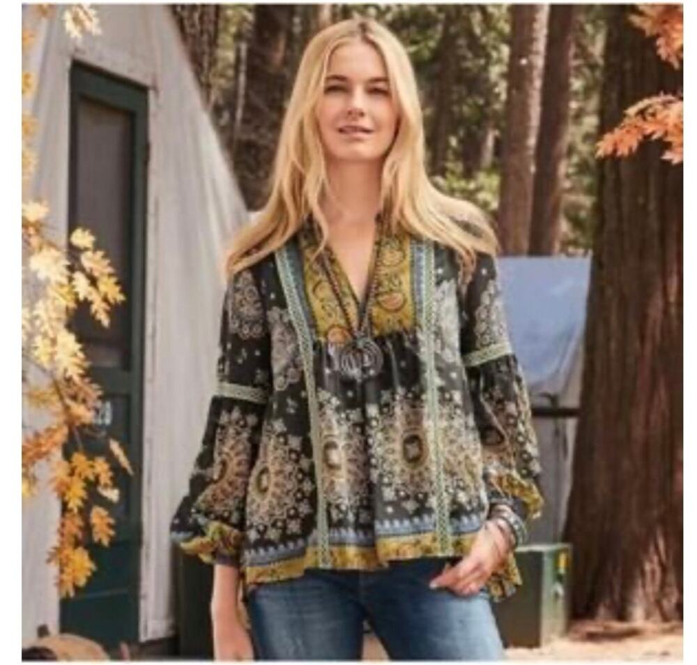 Sundance Carrina blouse women's small boho peasant latter lace floral printed